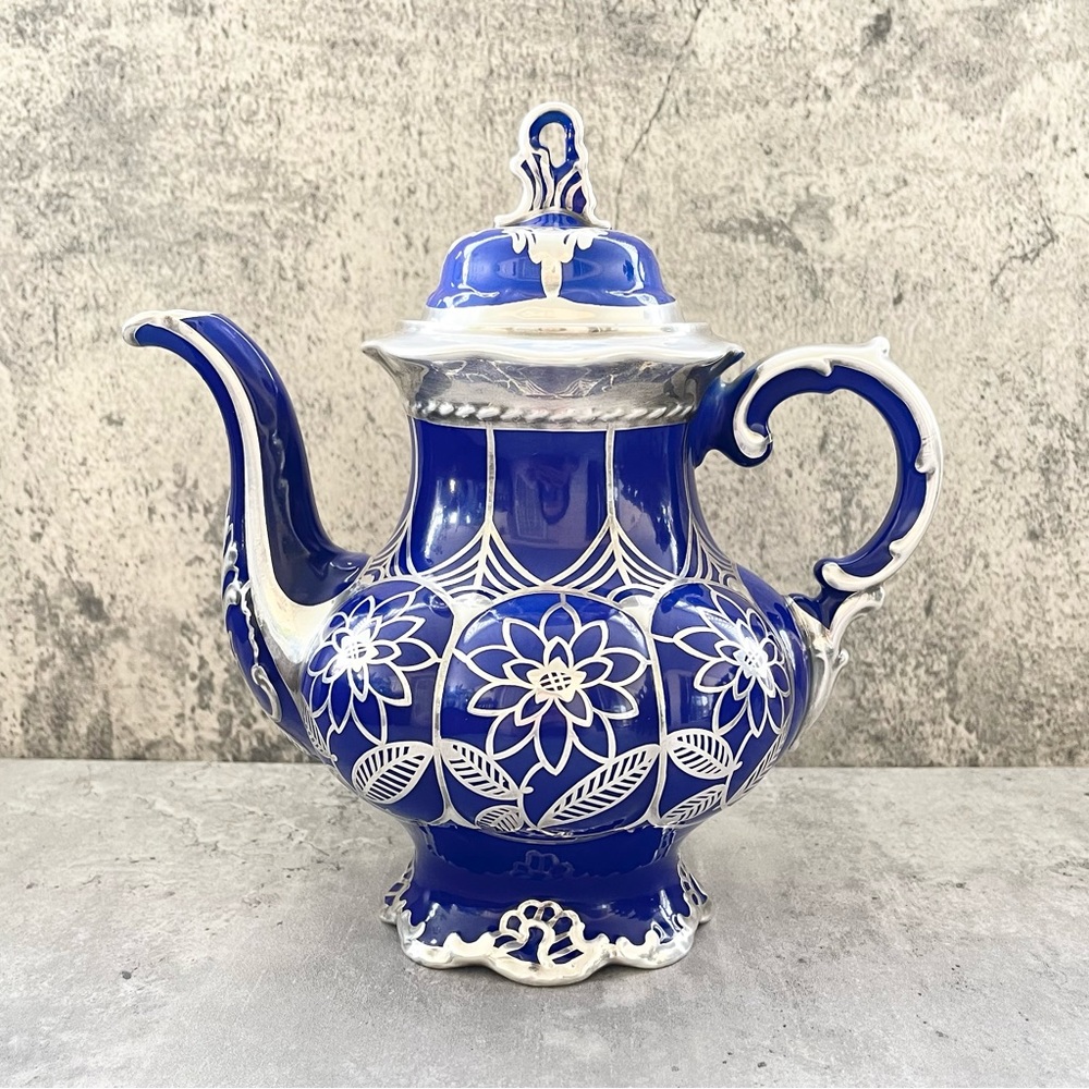 Vtg Hutschenreuther Hohenberg Germany Cobalt Blue Silver Overlay Tea Pot